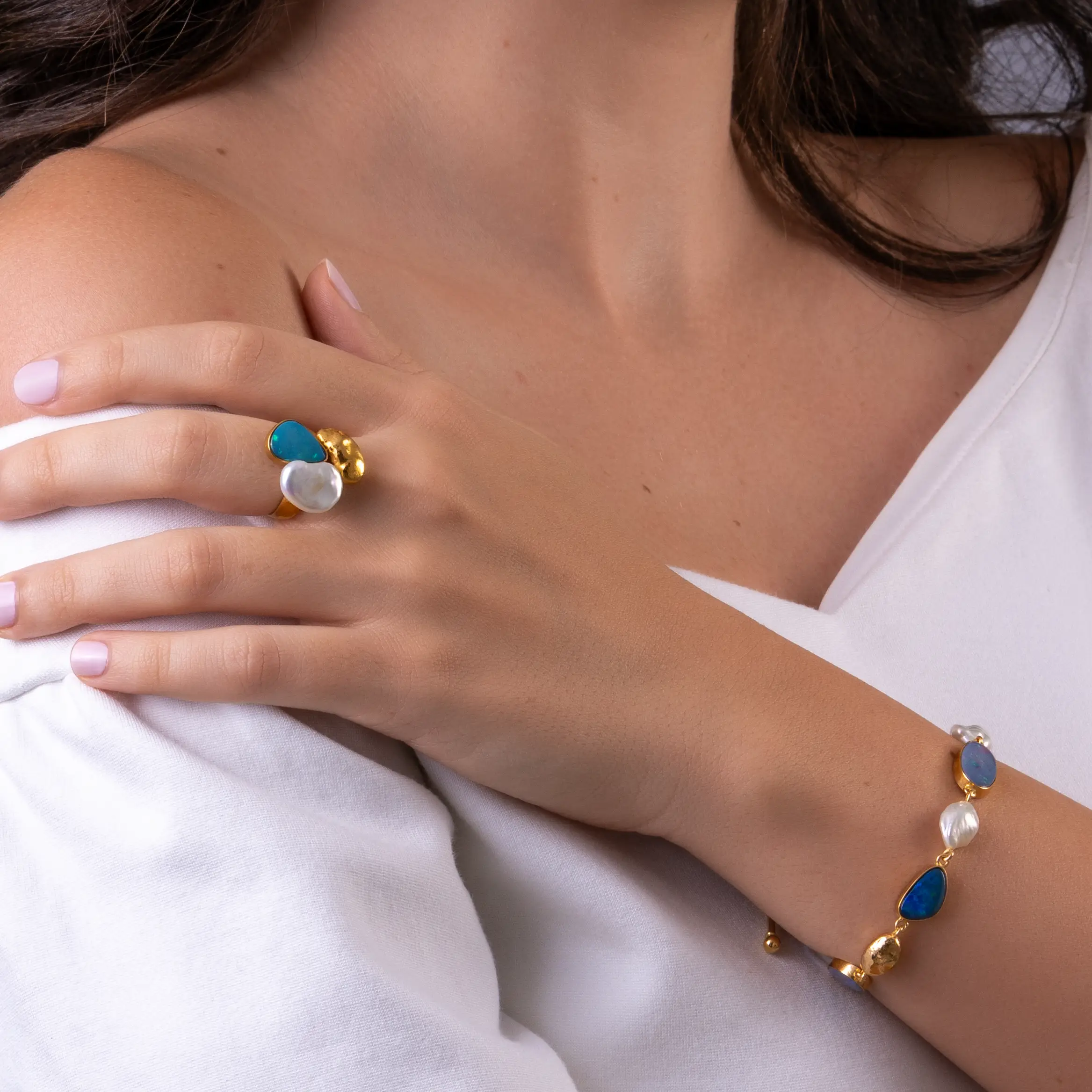 Collector's Edit Blue Opal and Keshi Pearl Ring in 18K Gold
